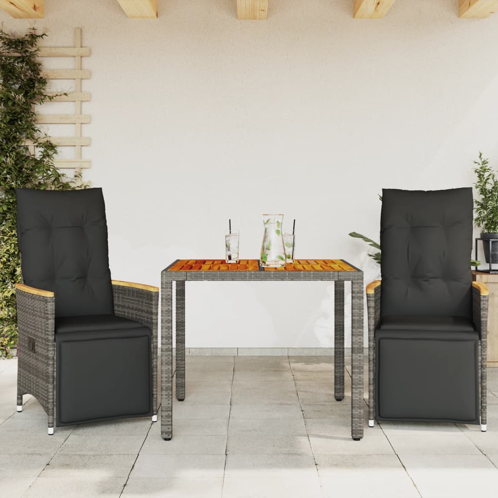 Set BistrÃ² da Giardino 3 pz con Cuscini in Polyrattan Grigio