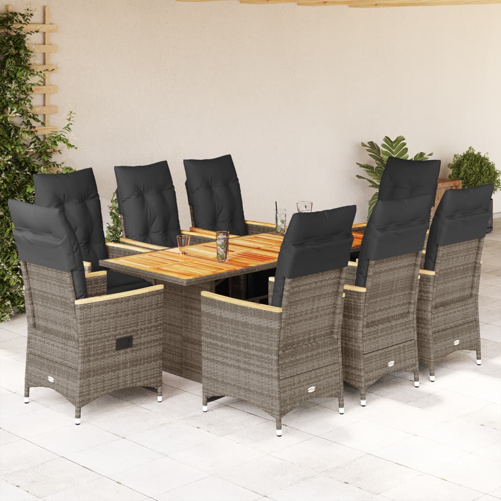 Set BistrÃƒÂ² da Giardino 9 pz con Cuscini in Polyrattan Grigio