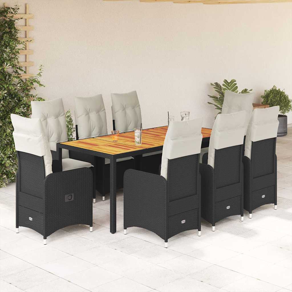 Set BistrÃƒÂ² da Giardino 9 pz con Cuscini in Polyrattan Nero