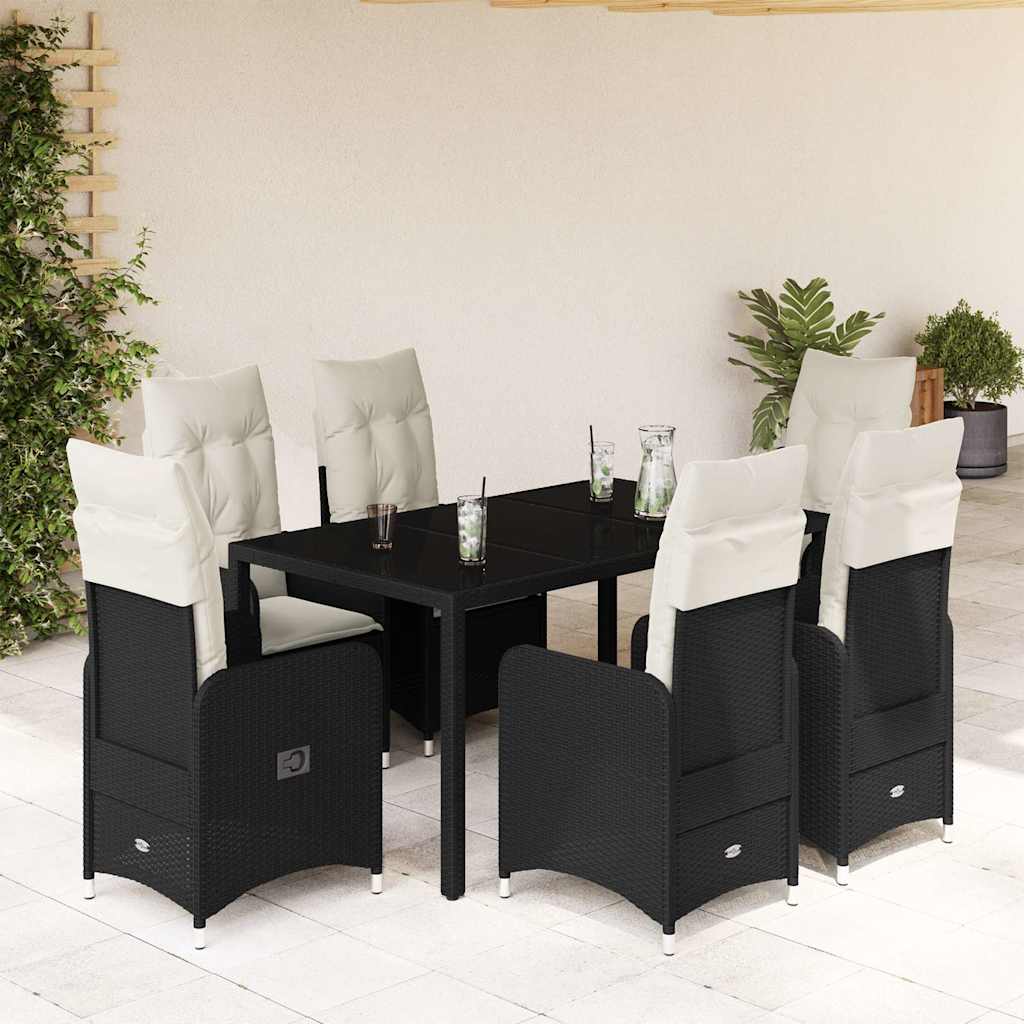 Set da BistrÃƒÂ² da Giardino 7 pz con Cuscini Nero in Polyrattan