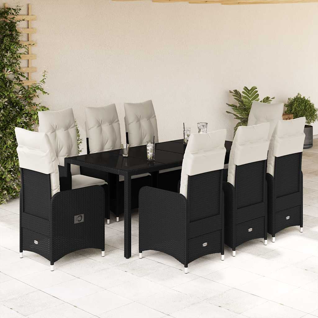 Set BistrÃƒÂ² da Giardino 9 pz con Cuscini in Polyrattan Nero