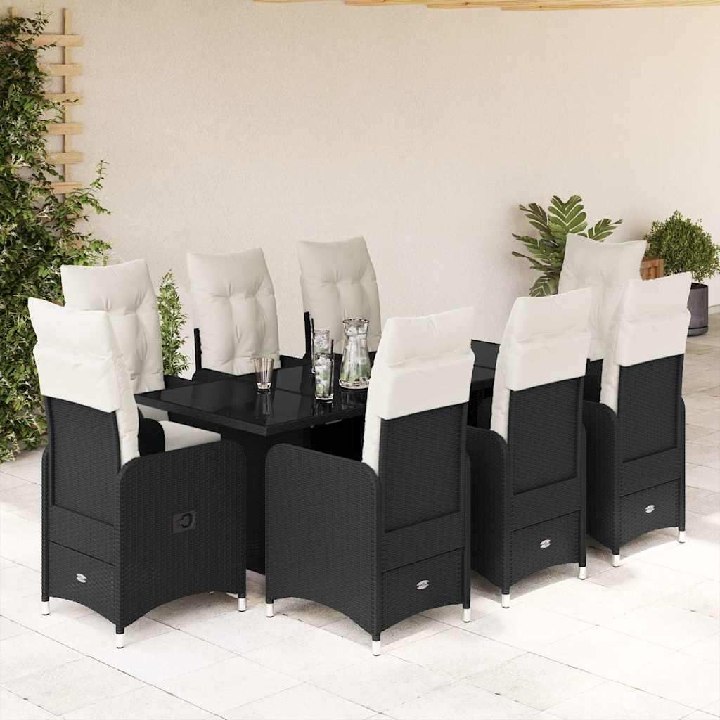 Set BistrÃƒÂ² da Giardino 9 pz con Cuscini in Polyrattan Nero