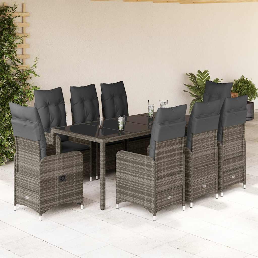 Set BistrÃƒÂ² da Giardino 9 pz con Cuscini in Polyrattan Grigio