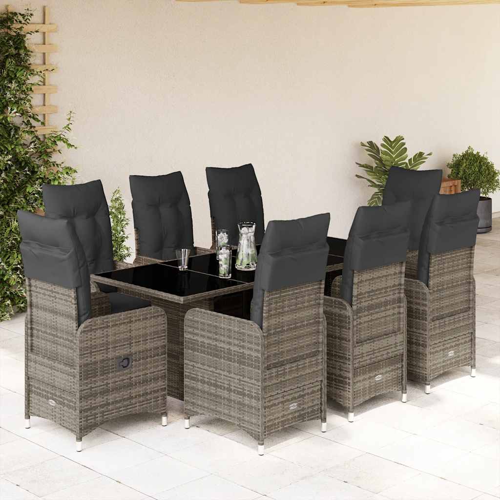 Set BistrÃƒÂ² da Giardino 9 pz con Cuscini in Polyrattan Grigio