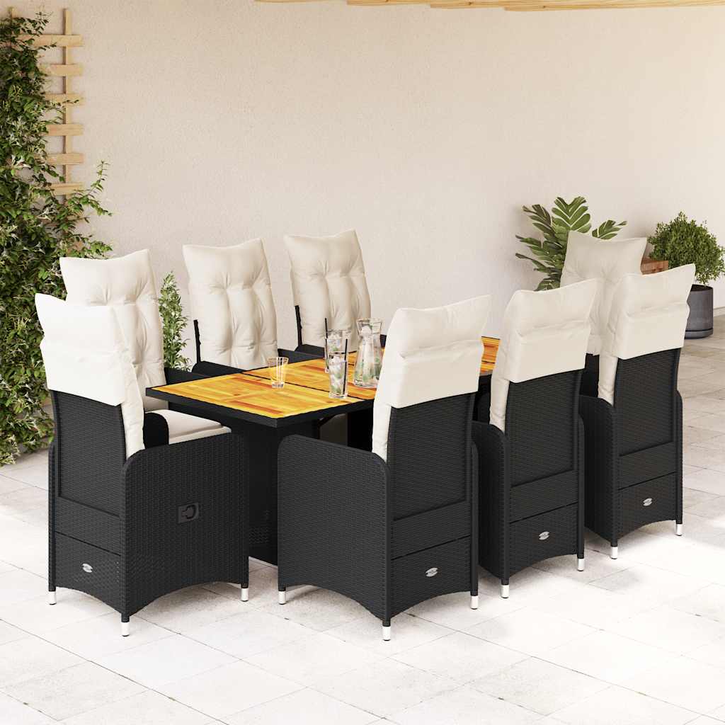 Set BistrÃƒÂ² da Giardino 9 pz con Cuscini in Polyrattan Nero