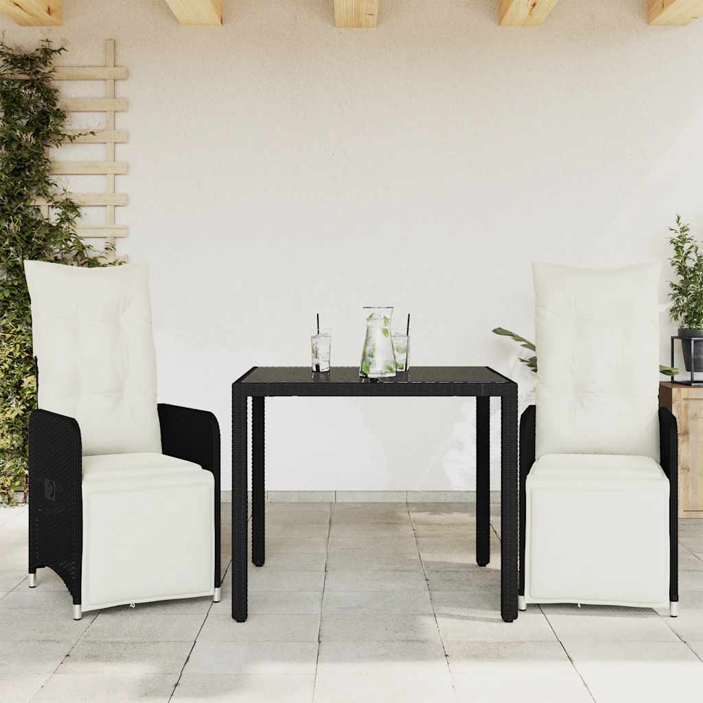 Set BistrÃ² da Giardino 3 pz con Cuscini in Polyrattan Nero