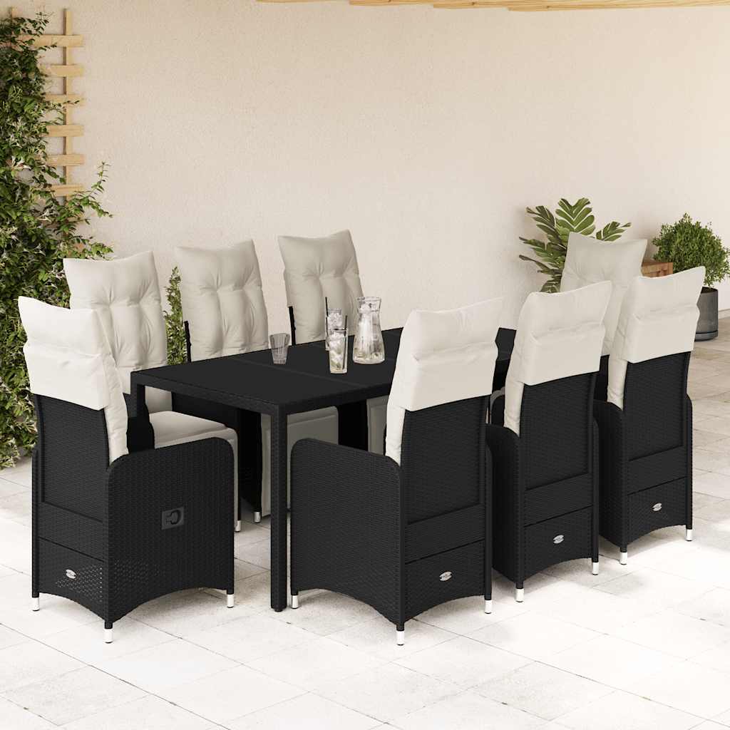 Set BistrÃƒÂ² da Giardino 9 pz con Cuscini in Polyrattan Nero