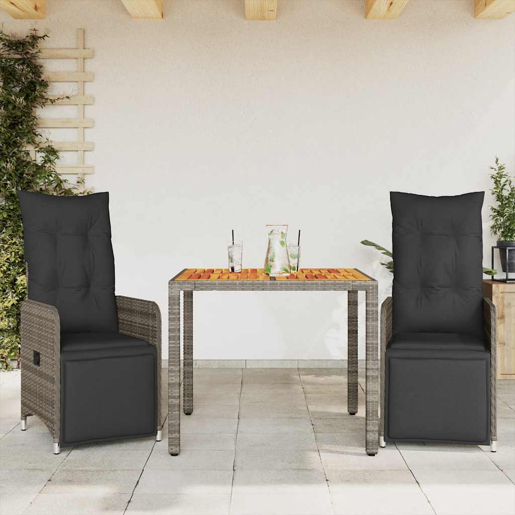 Set BistrÃ² da Giardino 3 pz con Cuscini in Polyrattan Grigio