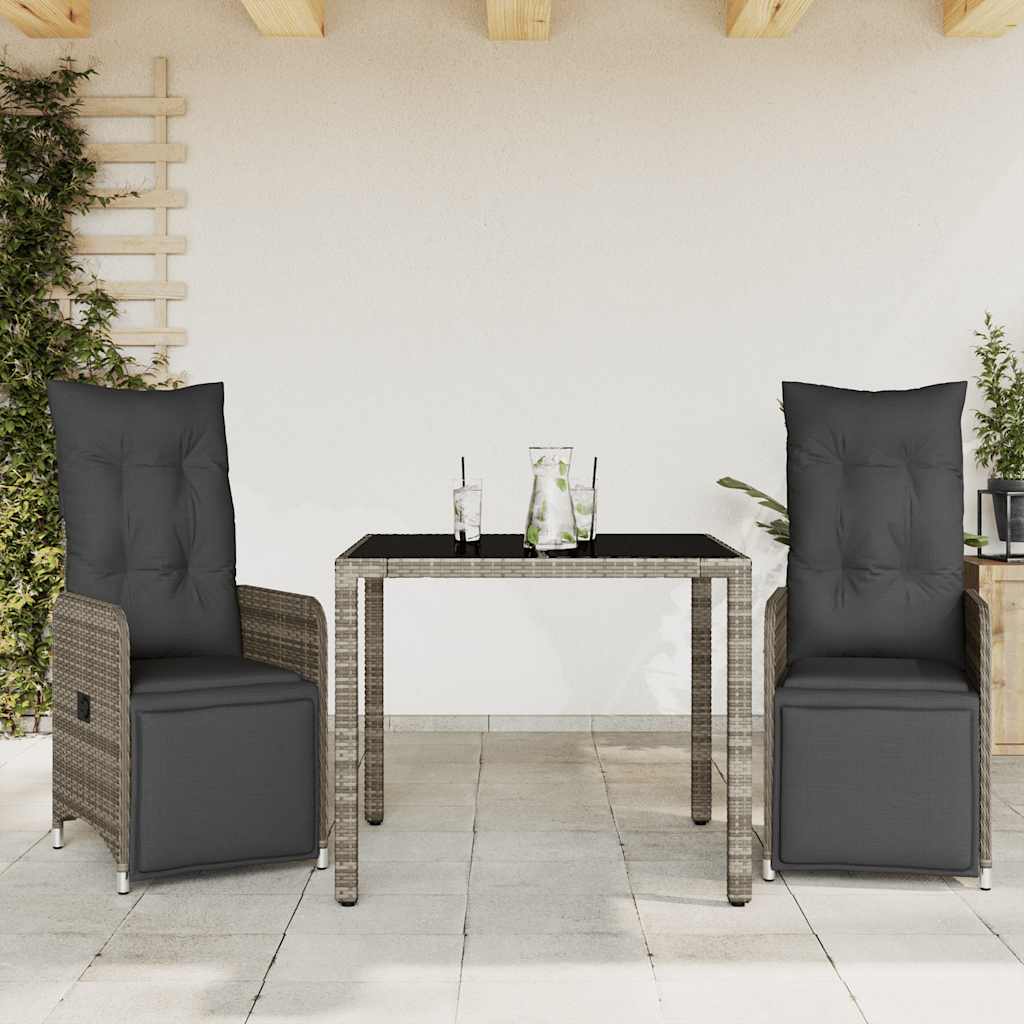 Set BistrÃ² da Giardino 3 pz con Cuscini in Polyrattan Grigio