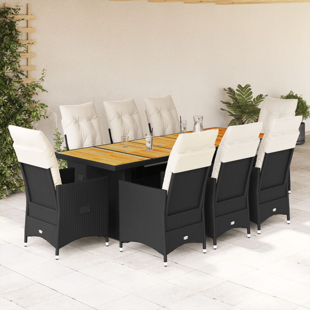 Set BistrÃƒÂ² da Giardino 9 pz con Cuscini in Polyrattan Nero