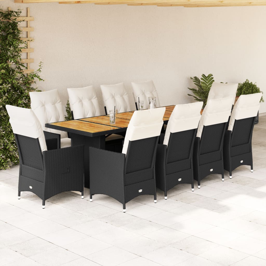 Set da BistrÃƒÂ² da Giardino 11 pz con Cuscini Nero in Polyrattan