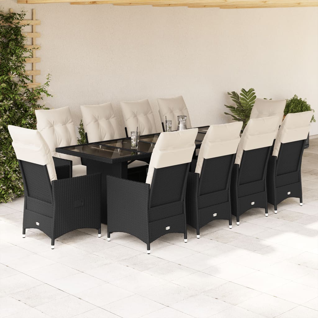 Set da BistrÃƒÂ² da Giardino 11 pz con Cuscini Nero in Polyrattan