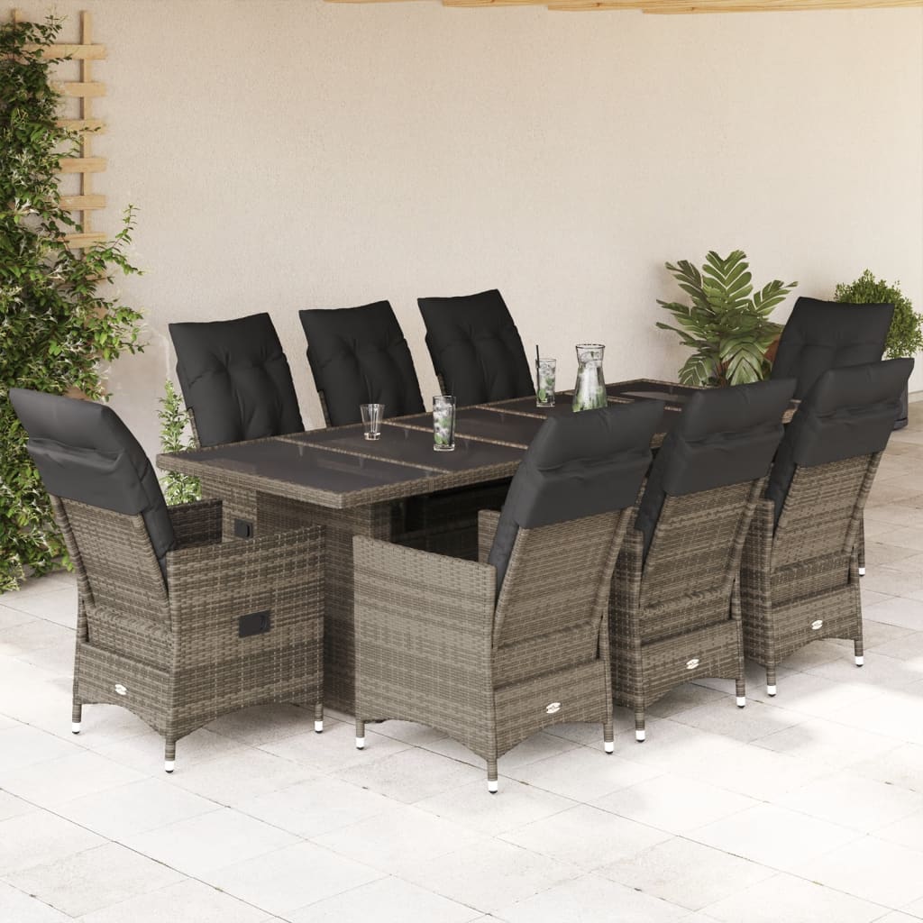 Set BistrÃƒÂ² da Giardino 9 pz con Cuscini in Polyrattan Grigio