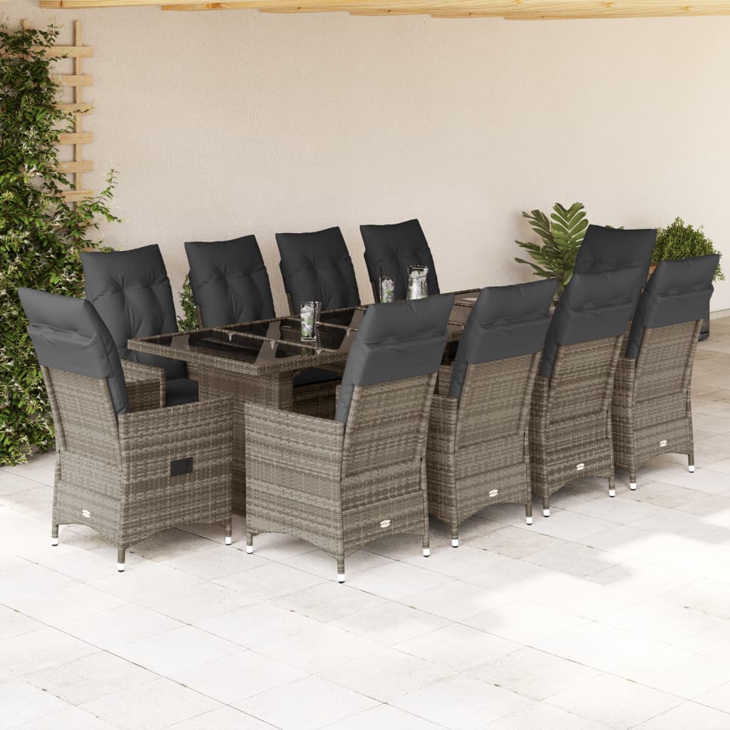 Set BistrÃƒÂ² da Giardino 11 pz con Cuscini in Polyrattan Grigio
