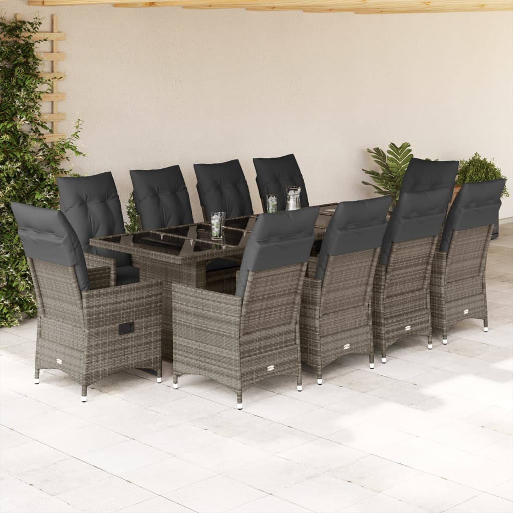 Set BistrÃƒÂ² da Giardino 11 pz con Cuscini in Polyrattan Grigio