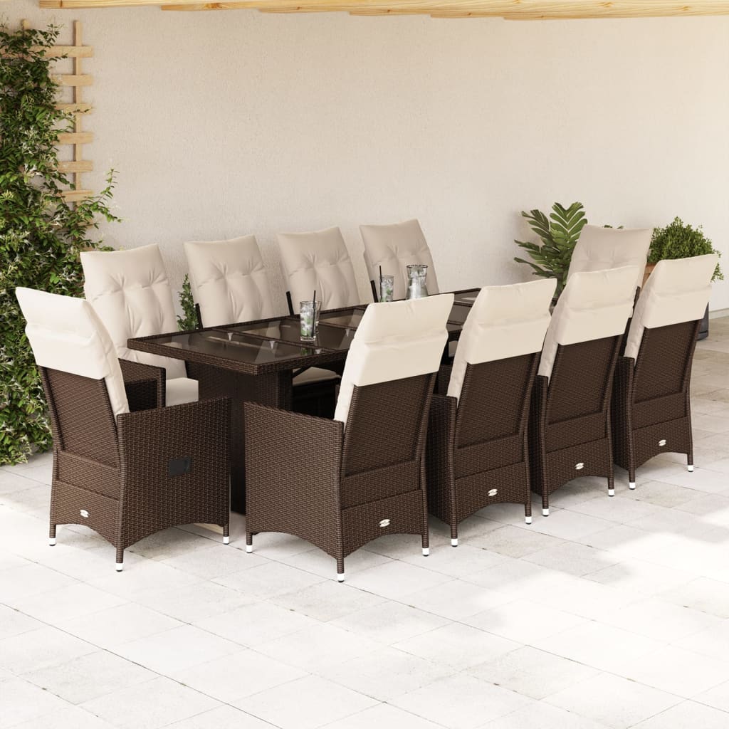 Set BistrÃƒÂ² da Giardino 11 pz con Cuscini in Polyrattan Marrone