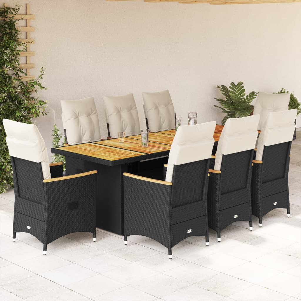Set BistrÃƒÂ² da Giardino 9 pz con Cuscini in Polyrattan Nero