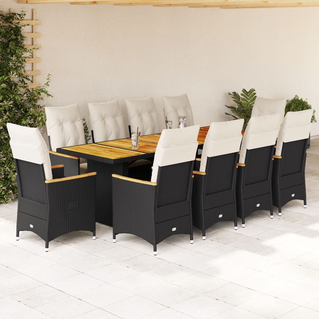 Set da BistrÃƒÂ² da Giardino 11 pz con Cuscini Nero in Polyrattan
