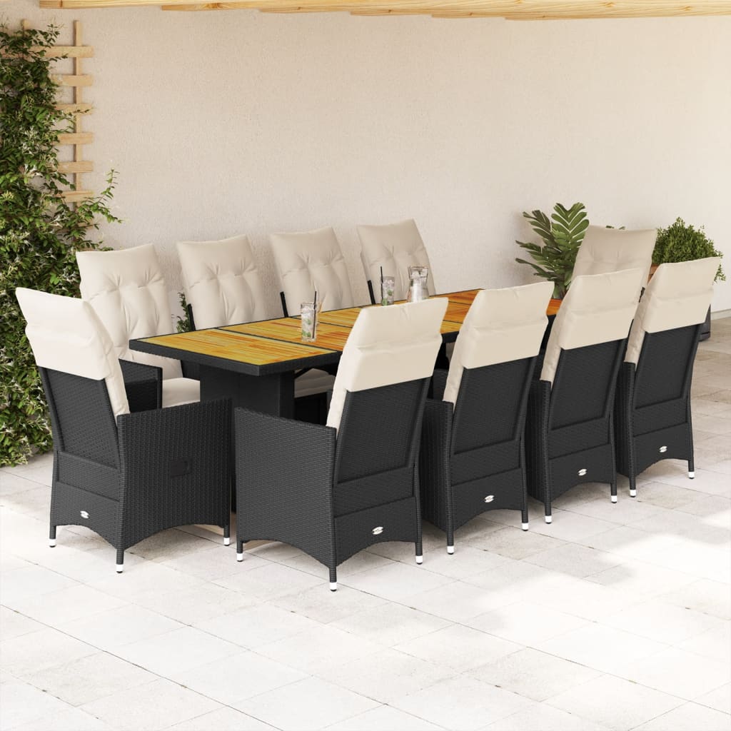 Set da BistrÃƒÂ² da Giardino 11 pz con Cuscini Nero in Polyrattan