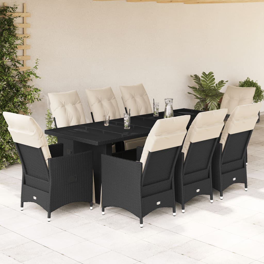 Set BistrÃƒÂ² da Giardino 9 pz con Cuscini in Polyrattan Nero