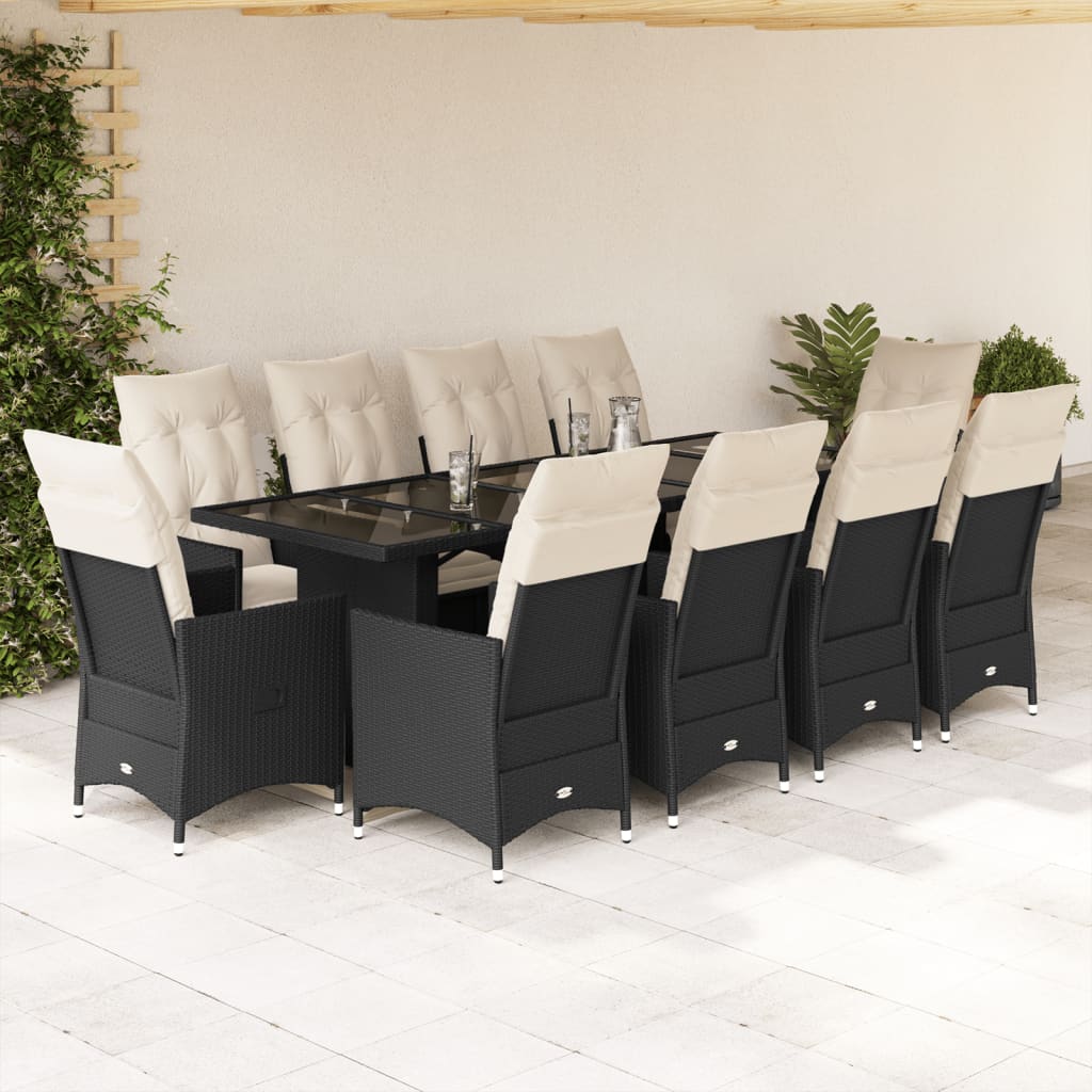 Set da BistrÃƒÂ² da Giardino 11 pz con Cuscini Nero in Polyrattan