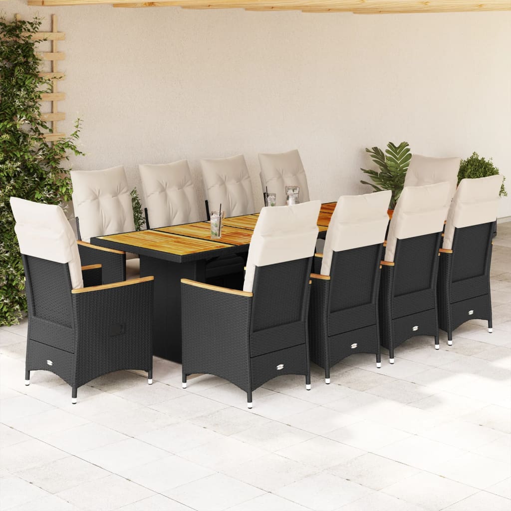Set da BistrÃƒÂ² da Giardino 11 pz con Cuscini Nero in Polyrattan