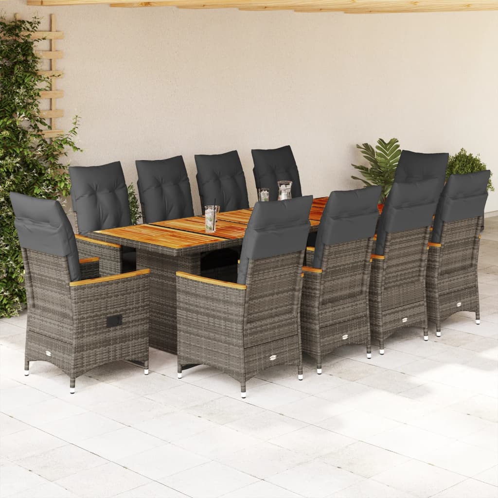 Set BistrÃƒÂ² da Giardino 11 pz con Cuscini in Polyrattan Grigio