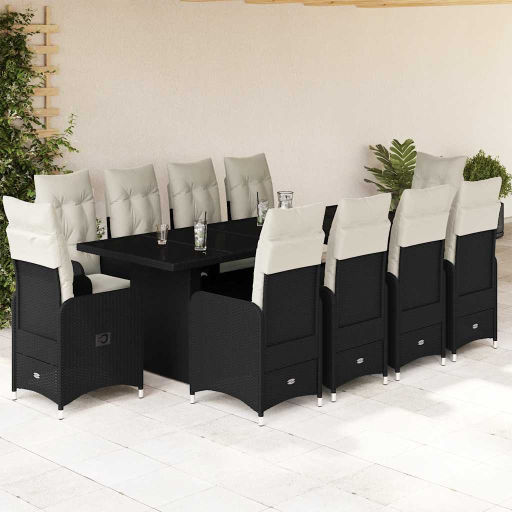 Set da BistrÃƒÂ² da Giardino 11 pz con Cuscini Nero in Polyrattan