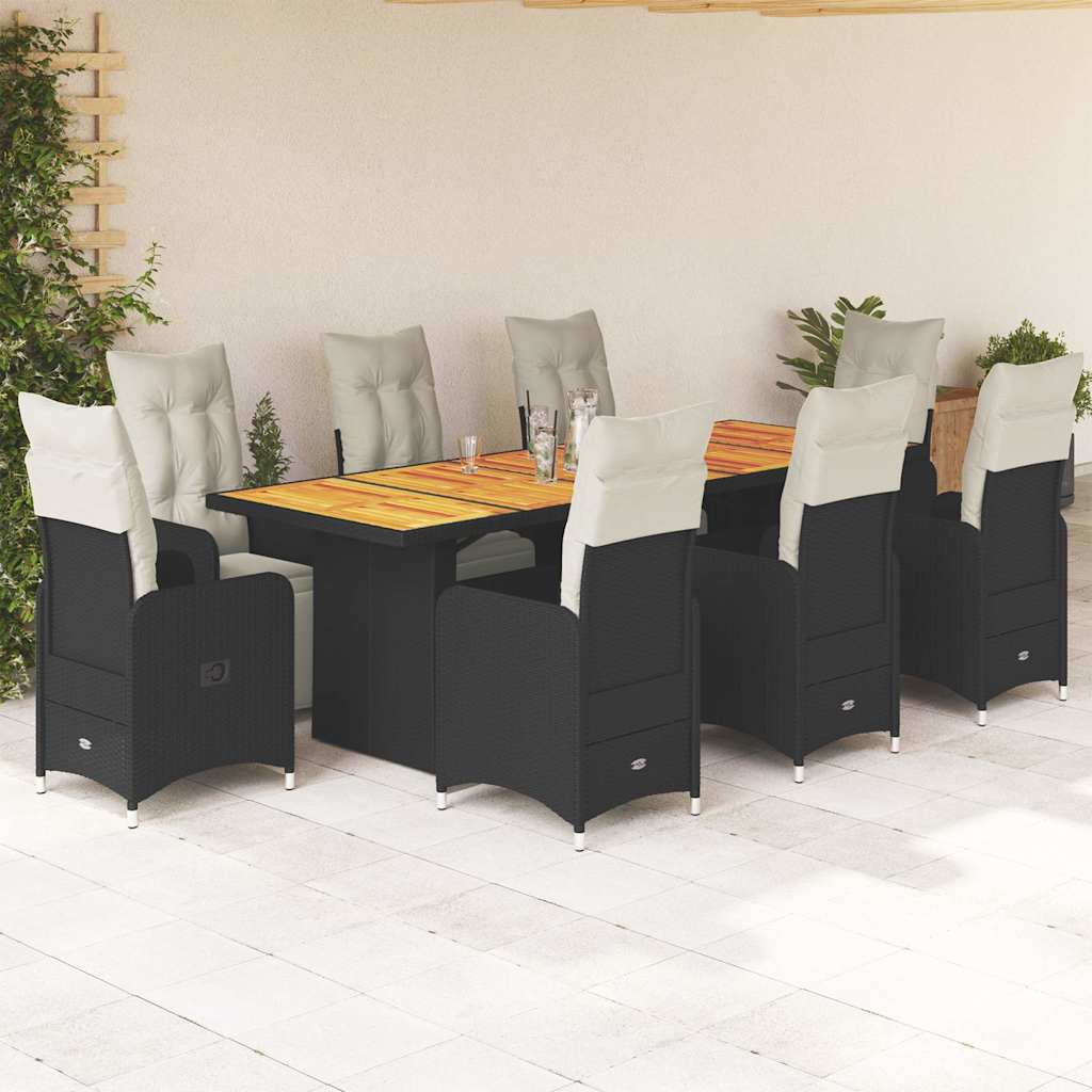 Set BistrÃƒÂ² da Giardino 9 pz con Cuscini in Polyrattan Nero