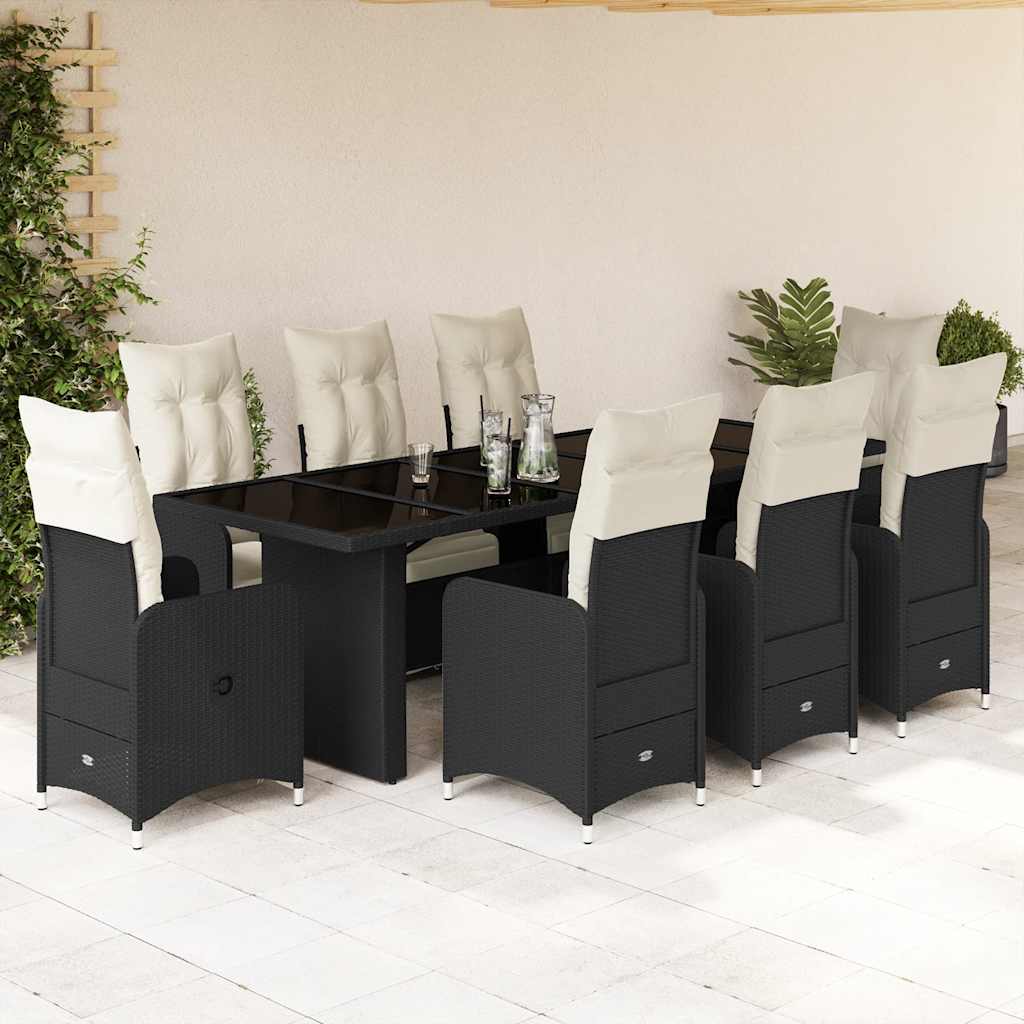Set BistrÃƒÂ² da Giardino 9 pz con Cuscini in Polyrattan Nero