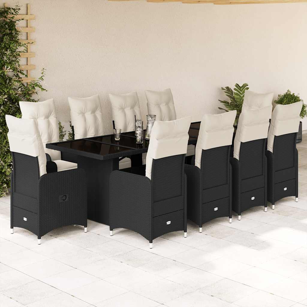 Set da BistrÃƒÂ² da Giardino 11 pz con Cuscini Nero in Polyrattan