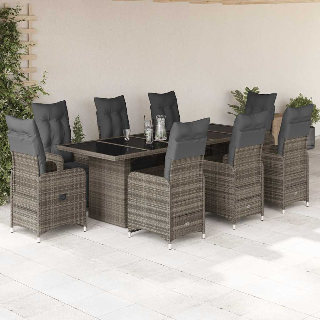 Set BistrÃƒÂ² da Giardino 9 pz con Cuscini in Polyrattan Grigio