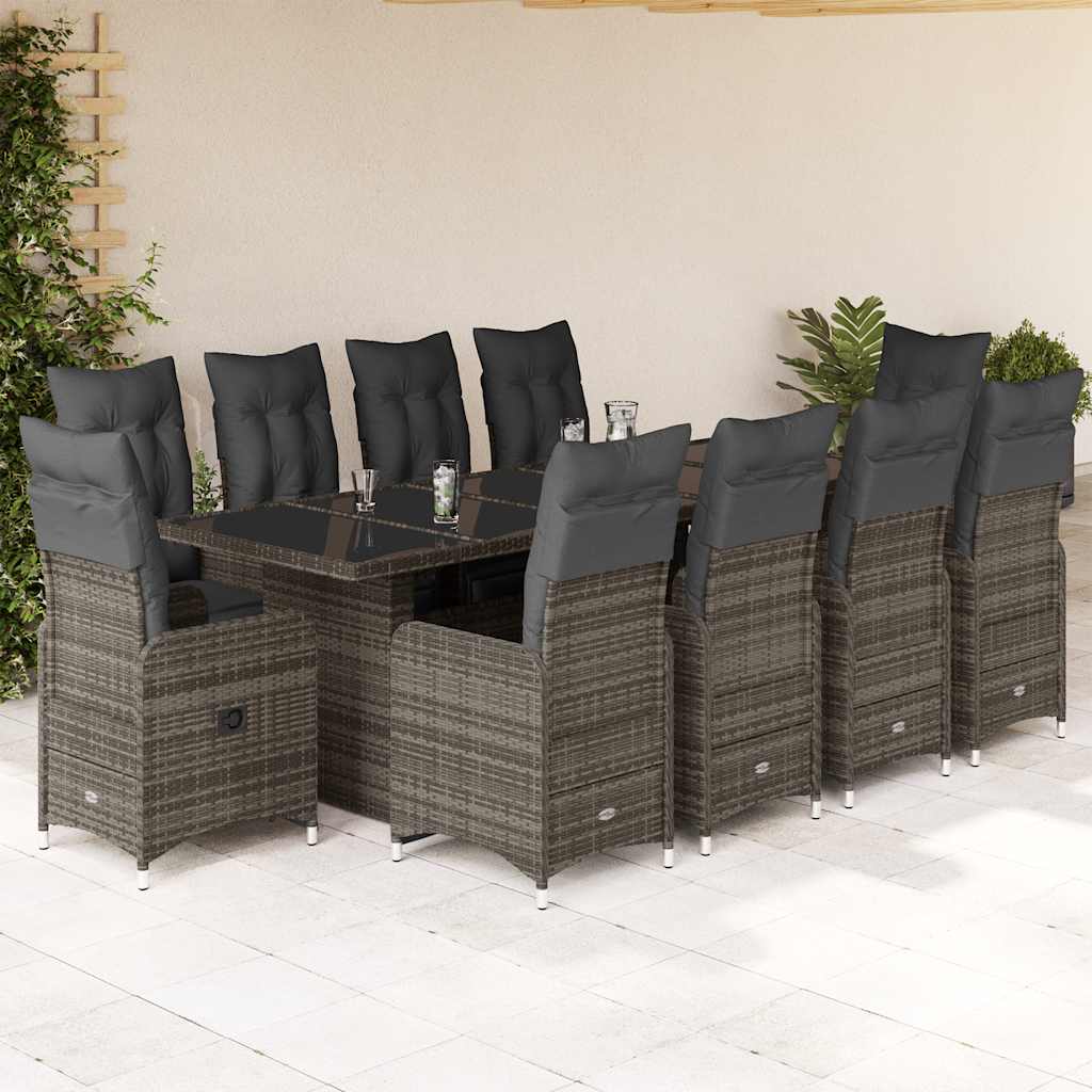 Set BistrÃƒÂ² da Giardino 11 pz con Cuscini in Polyrattan Grigio