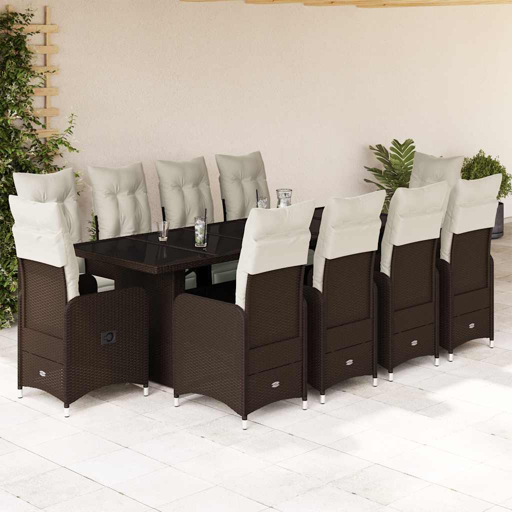 Set BistrÃƒÂ² da Giardino 11 pz con Cuscini in Polyrattan Marrone