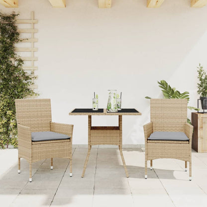 Set da Pranzo da Giardino 3 pz con Cuscini Polyrattan e Vetro
