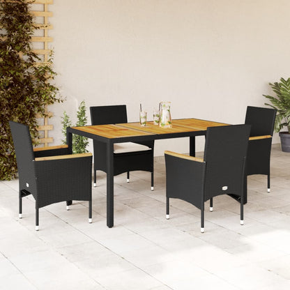 Set Pranzo da Giardino 5 pz con Cuscini Nero Polyrattan Acacia