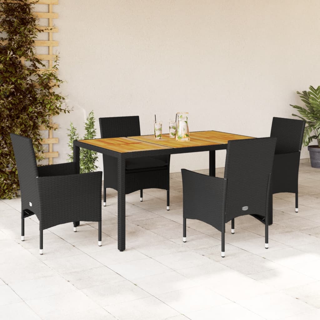 Set Pranzo da Giardino 5 pz con Cuscini Nero Polyrattan Acacia