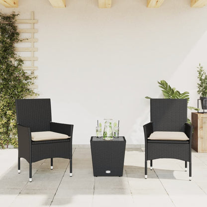 Set da BistrÃƒÂ² 3 pz con Cuscini Nero Polyrattan e Vetro