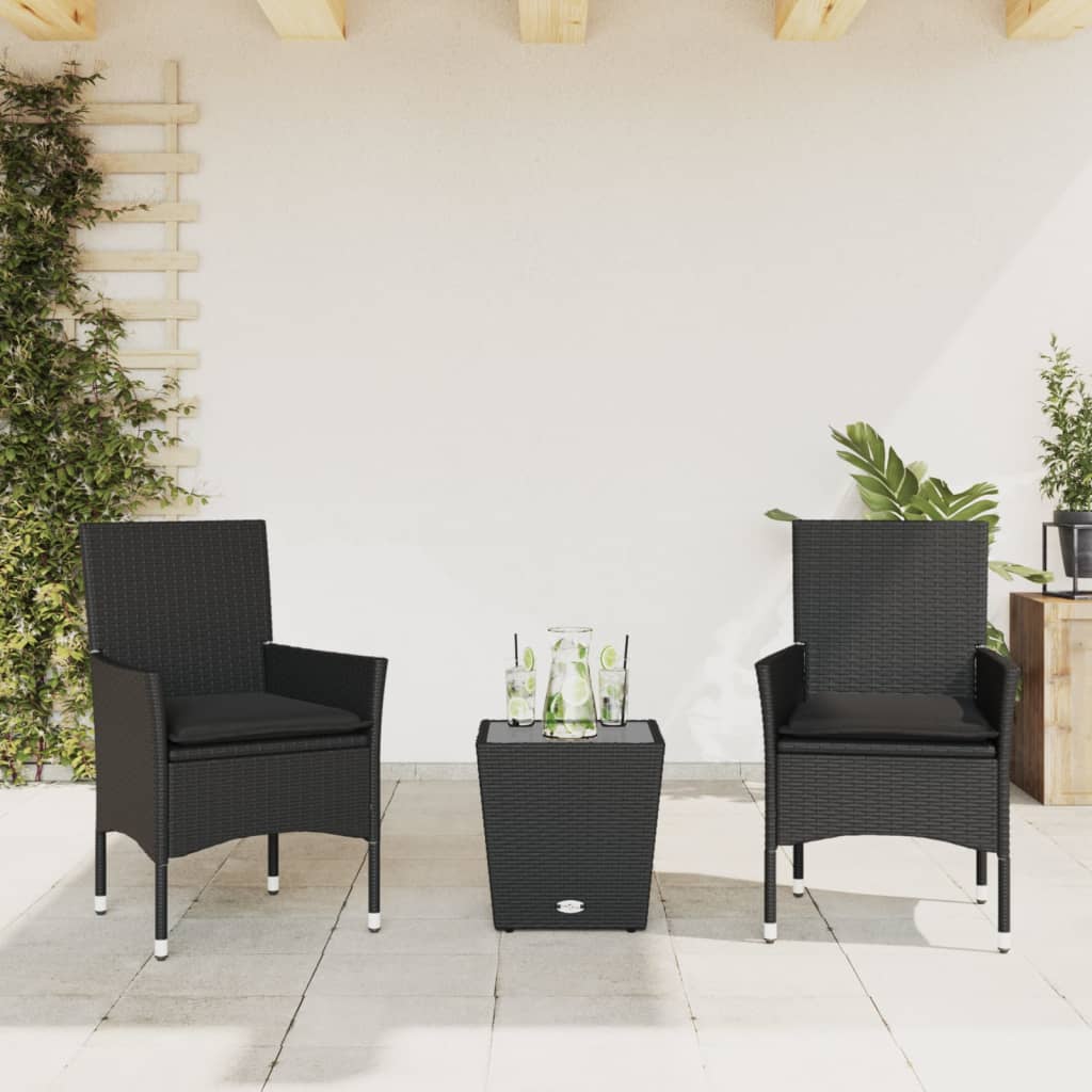 Set da BistrÃƒÂ² 3 pz con Cuscini Nero Polyrattan e Vetro