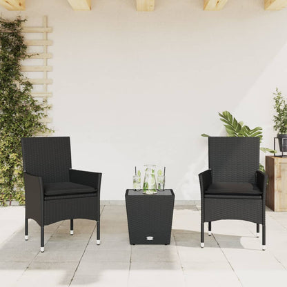 Set da BistrÃƒÂ² 3 pz con Cuscini Nero Polyrattan e Vetro