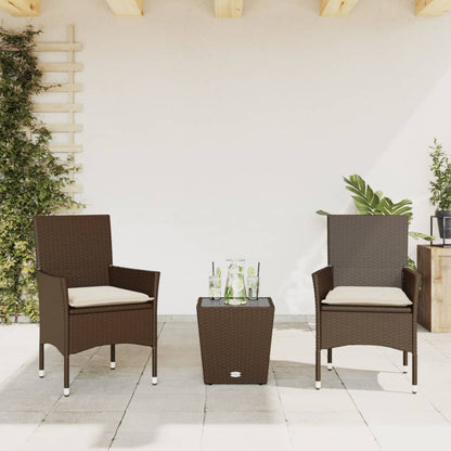 Set BistrÃ² 3 pz con Cuscini Marrone Polyrattan e Vetro
