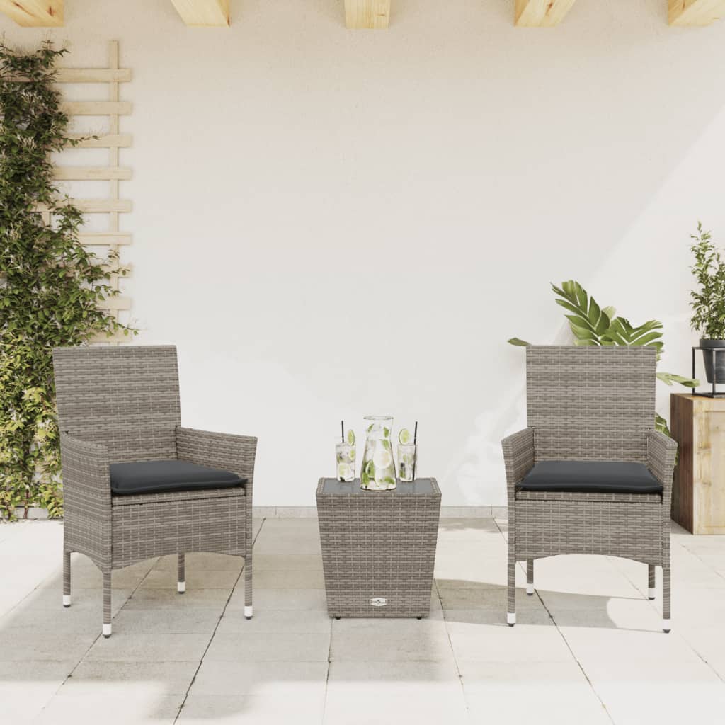 Set da BistrÃƒÂ² 3 pz con Cuscini Grigio Polyrattan e Vetro
