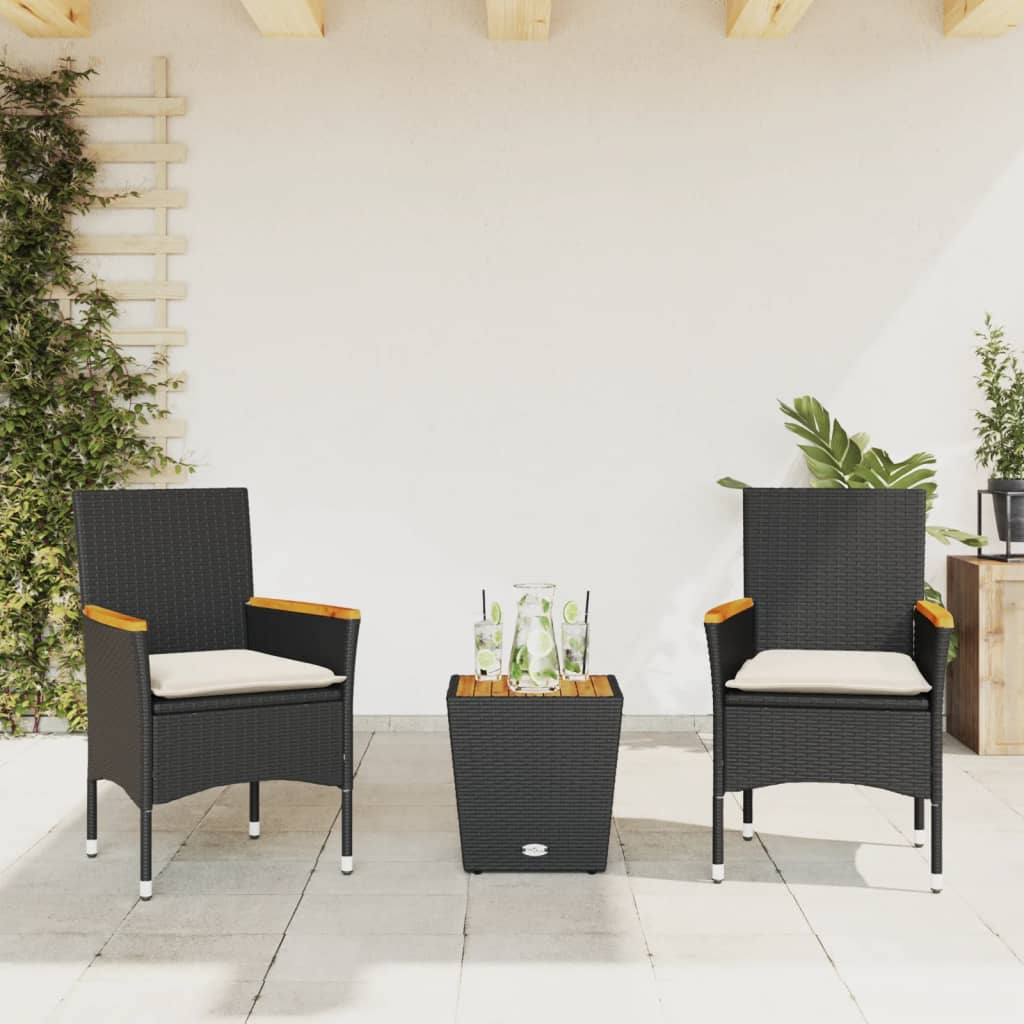 Set da BistrÃƒÂ² 3 pz con Cuscini Nero Polyrattan e Vetro