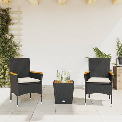 Set da BistrÃƒÂ² 3 pz con Cuscini Nero Polyrattan e Vetro