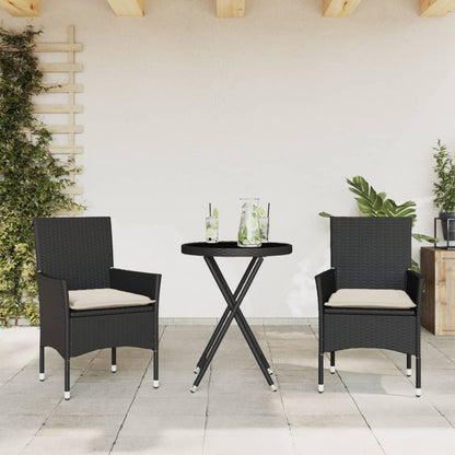 Set da BistrÃƒÂ² 3 pz con Cuscini Nero Polyrattan e Vetro