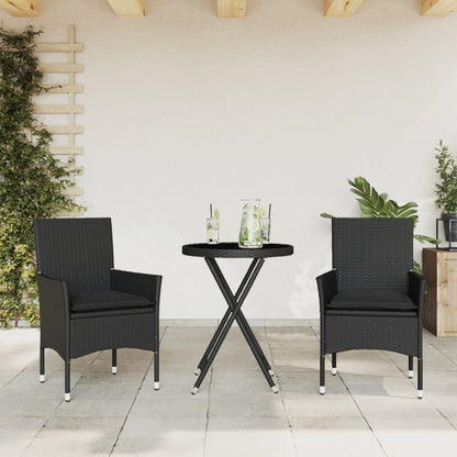 Set da BistrÃƒÂ² 3 pz con Cuscini Nero Polyrattan e Vetro
