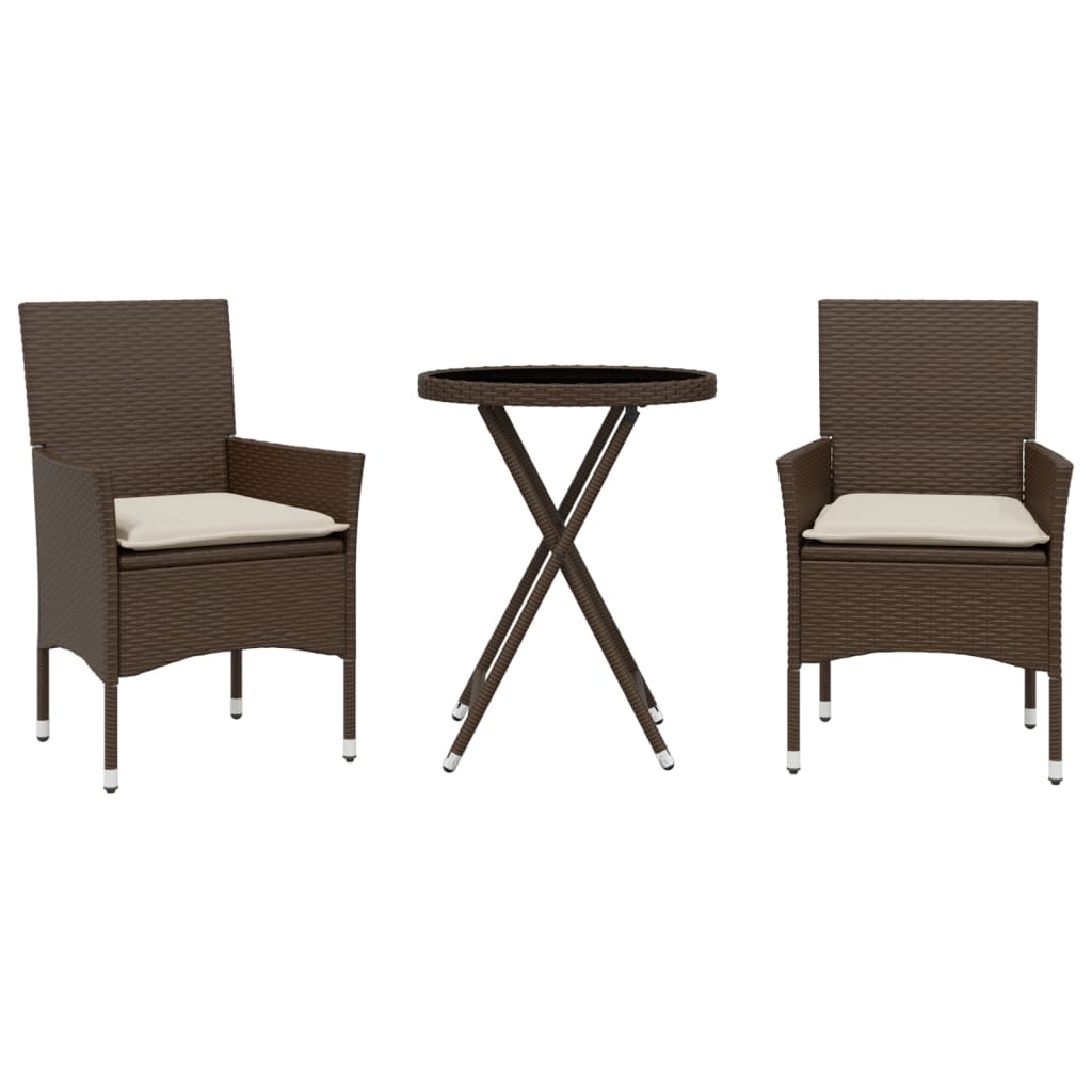 Set BistrÃ² 3 pz con Cuscini Marrone Polyrattan e Vetro
