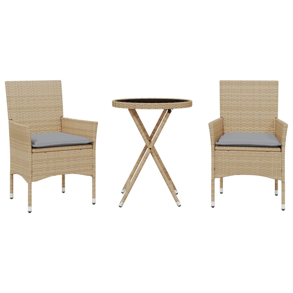 Set da BistrÃ² 3 pz con Cuscini Beige Polyrattan e Vetro