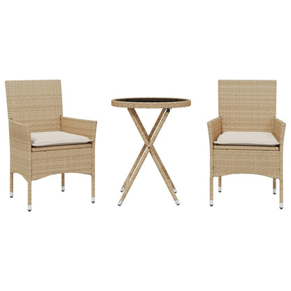 Set da BistrÃ² 3 pz con Cuscini Beige Polyrattan e Vetro