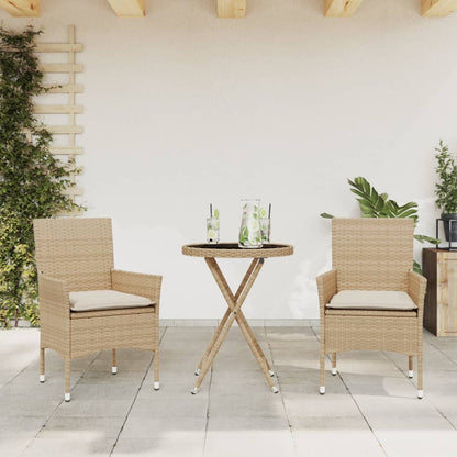 Set da BistrÃ² 3 pz con Cuscini Beige Polyrattan e Vetro
